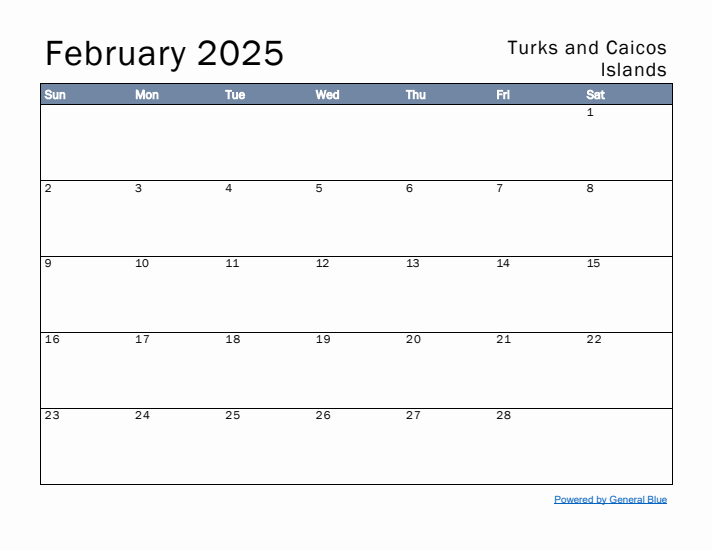 February 2025 Simple Monthly Calendar for Turks and Caicos Islands