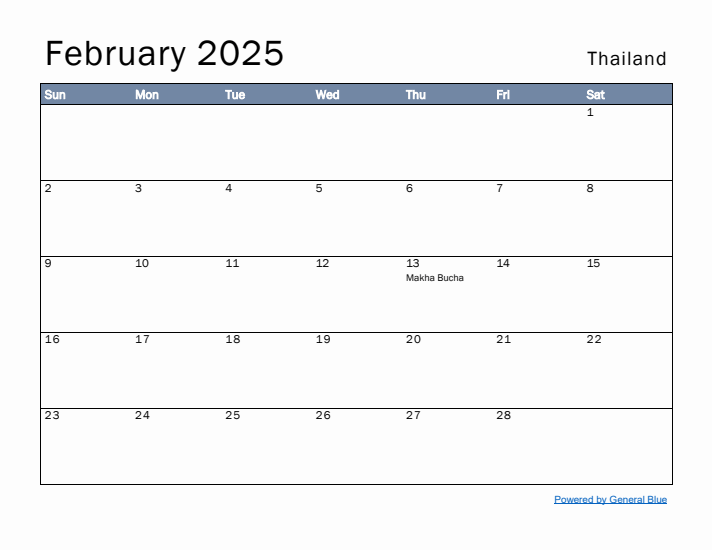February 2025 Simple Monthly Calendar for Thailand