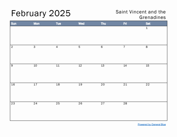 February 2025 Simple Monthly Calendar for Saint Vincent and the Grenadines