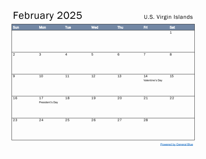 February 2025 Simple Monthly Calendar for U.S. Virgin Islands