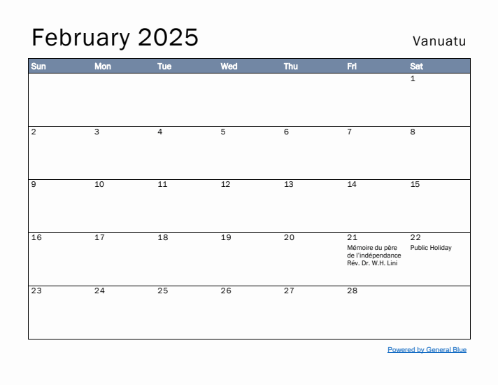 February 2025 Simple Monthly Calendar for Vanuatu