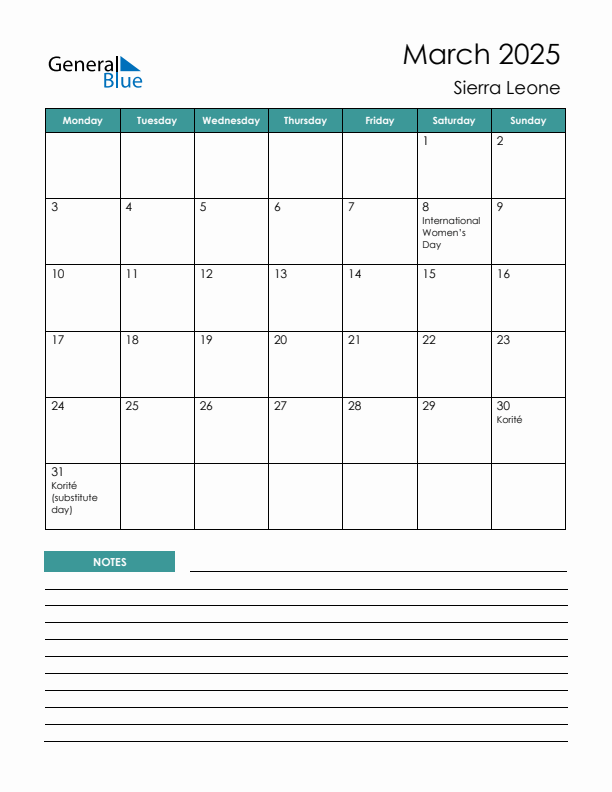 Calendar with Notes Printable - Monday Start