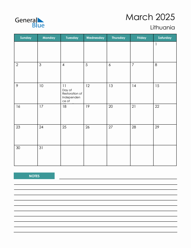 Calendar with Notes Printable - Sunday Start