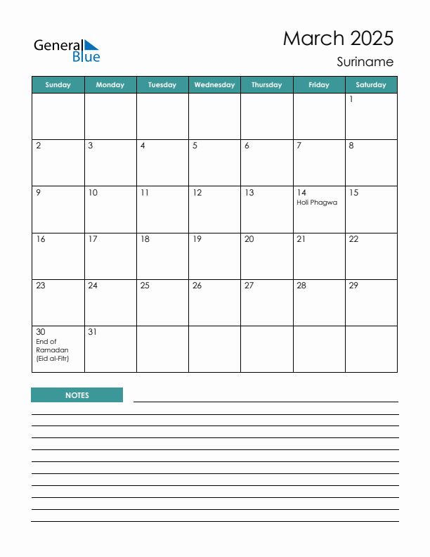Calendar with Notes Printable - Sunday Start