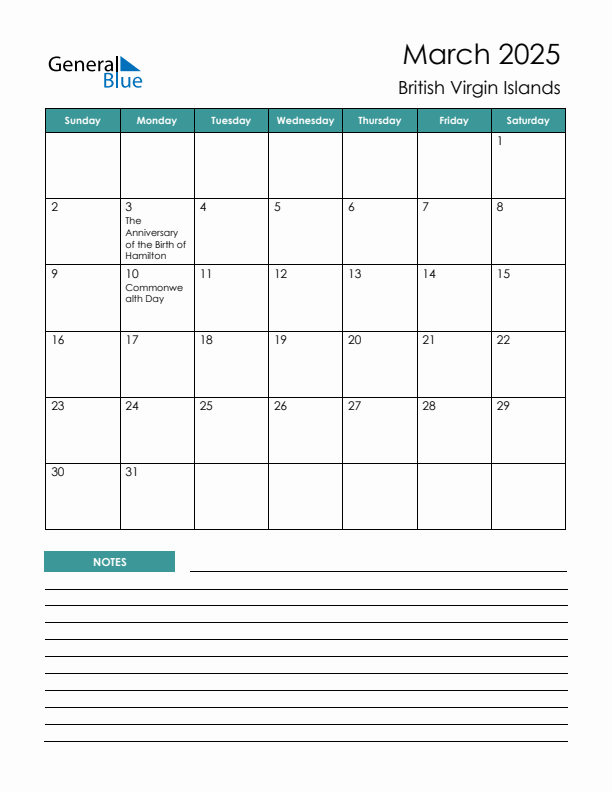 Calendar with Notes Printable - Sunday Start