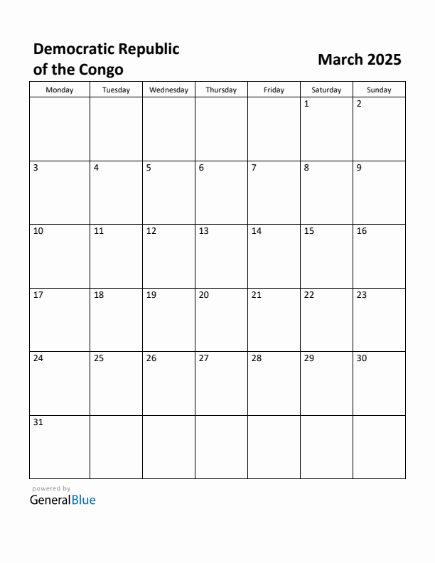 March 2025 Calendar with Democratic Republic of the Congo Holidays