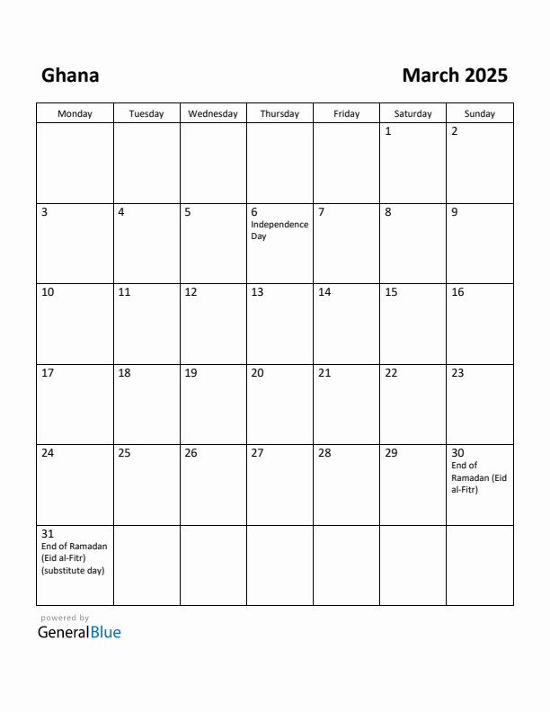 March 2025 Calendar with Ghana Holidays