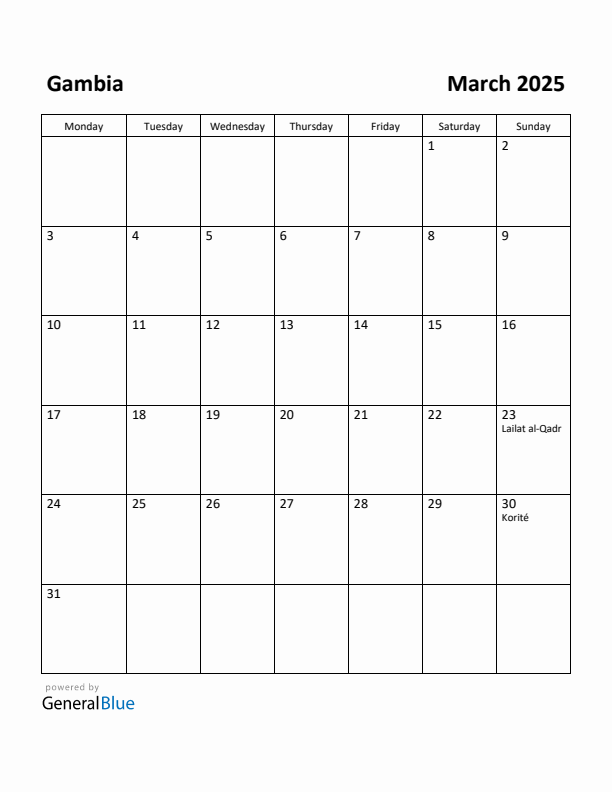 March 2025 Calendar with Gambia Holidays