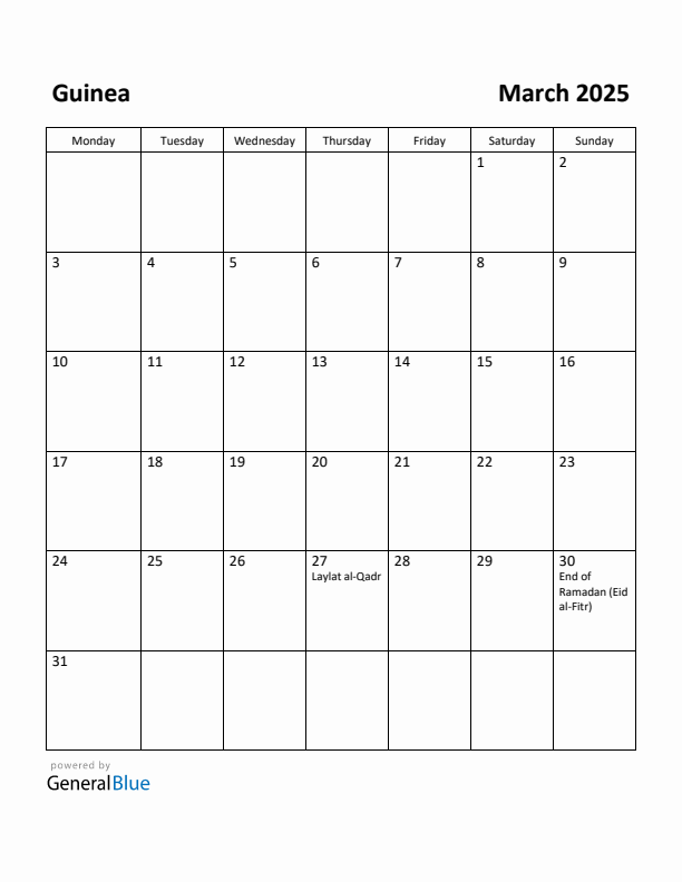 March 2025 Calendar with Guinea Holidays
