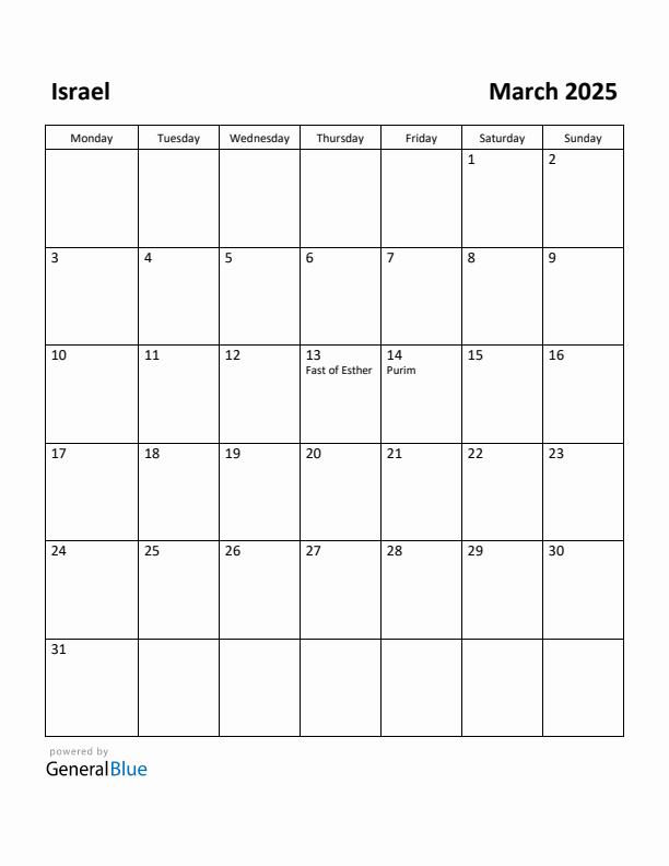 March 2025 Calendar with Israel Holidays