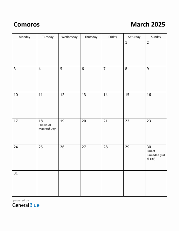 March 2025 Calendar with Comoros Holidays