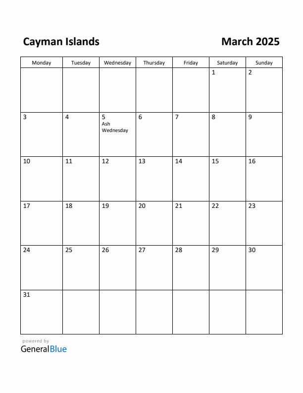 March 2025 Calendar with Cayman Islands Holidays