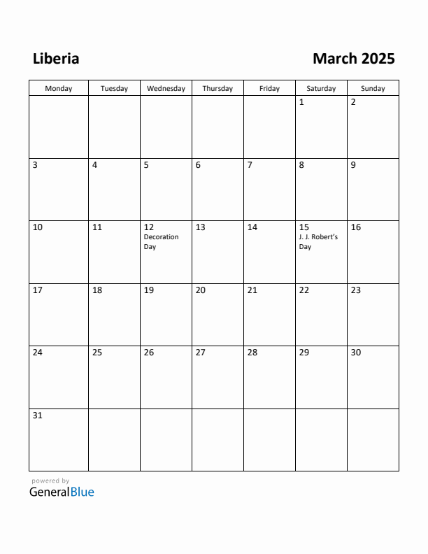 March 2025 Calendar with Liberia Holidays