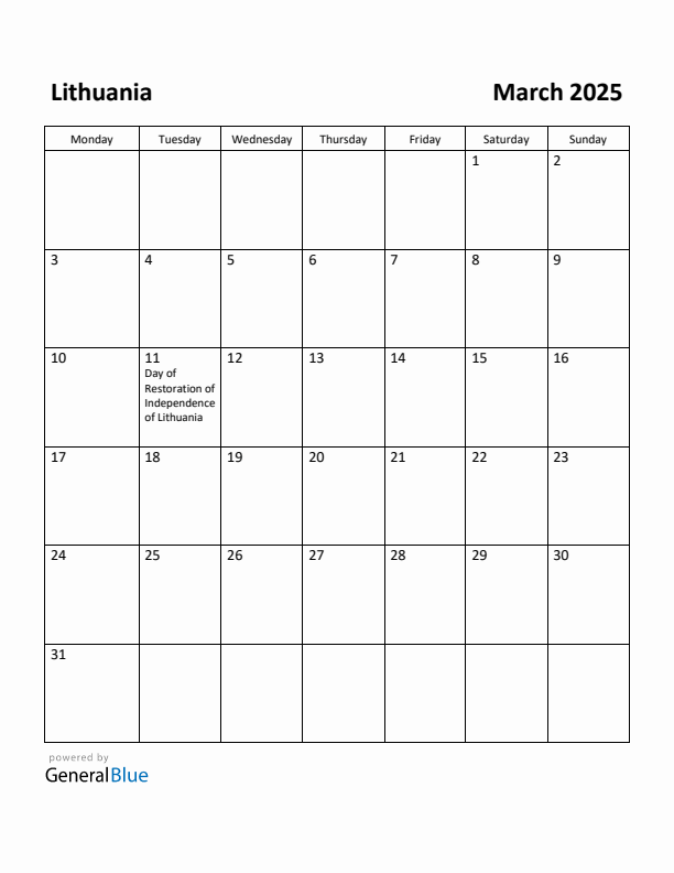 March 2025 Calendar with Lithuania Holidays
