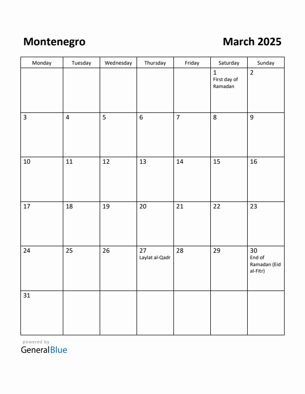 March 2025 Calendar with Montenegro Holidays