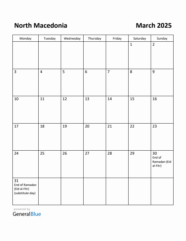 March 2025 Calendar with North Macedonia Holidays