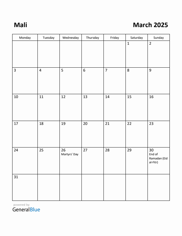 March 2025 Calendar with Mali Holidays
