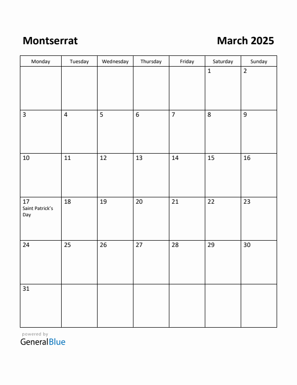 March 2025 Calendar with Montserrat Holidays