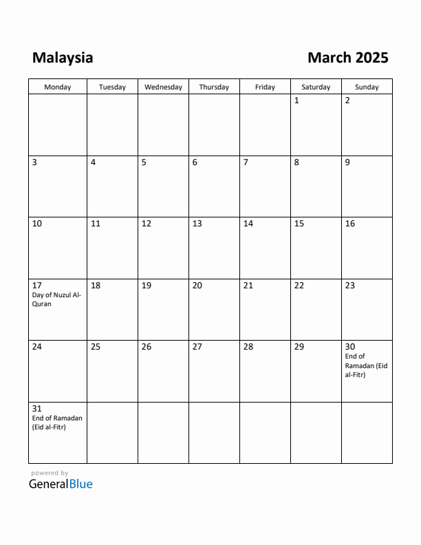 March 2025 Calendar with Malaysia Holidays