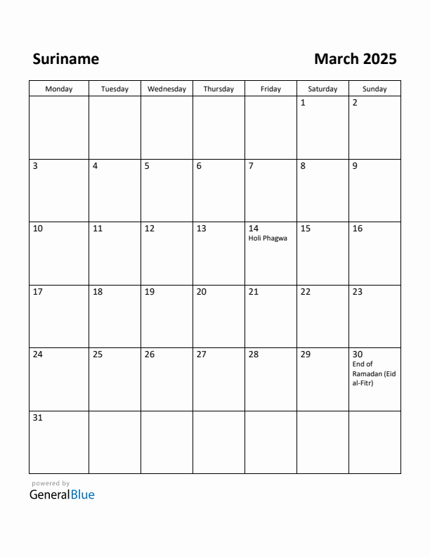 March 2025 Calendar with Suriname Holidays