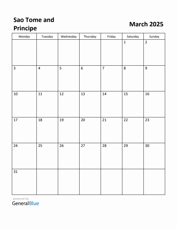 March 2025 Calendar with Sao Tome and Principe Holidays