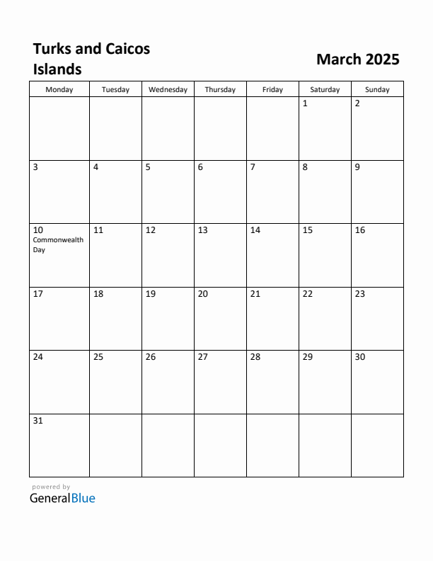 March 2025 Calendar with Turks and Caicos Islands Holidays