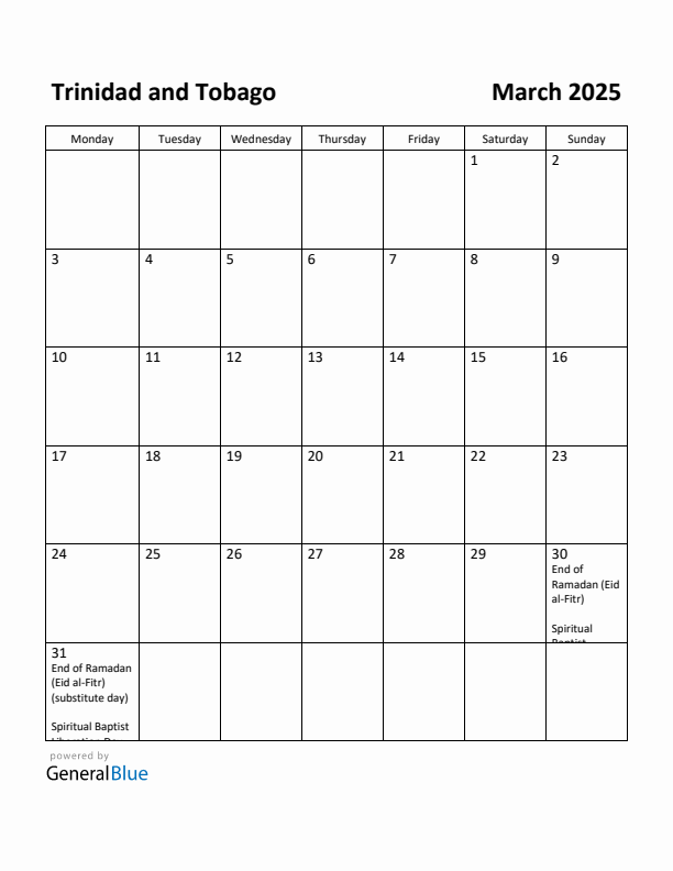 March 2025 Calendar with Trinidad and Tobago Holidays