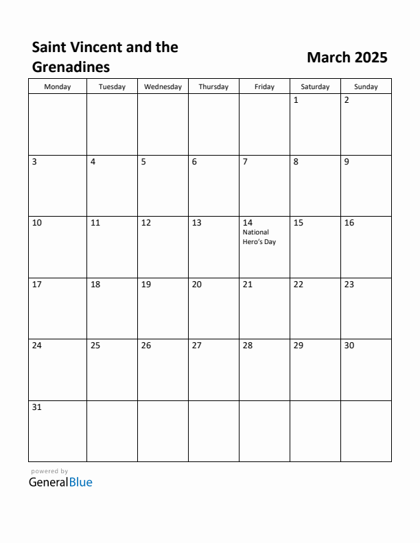 March 2025 Calendar with Saint Vincent and the Grenadines Holidays