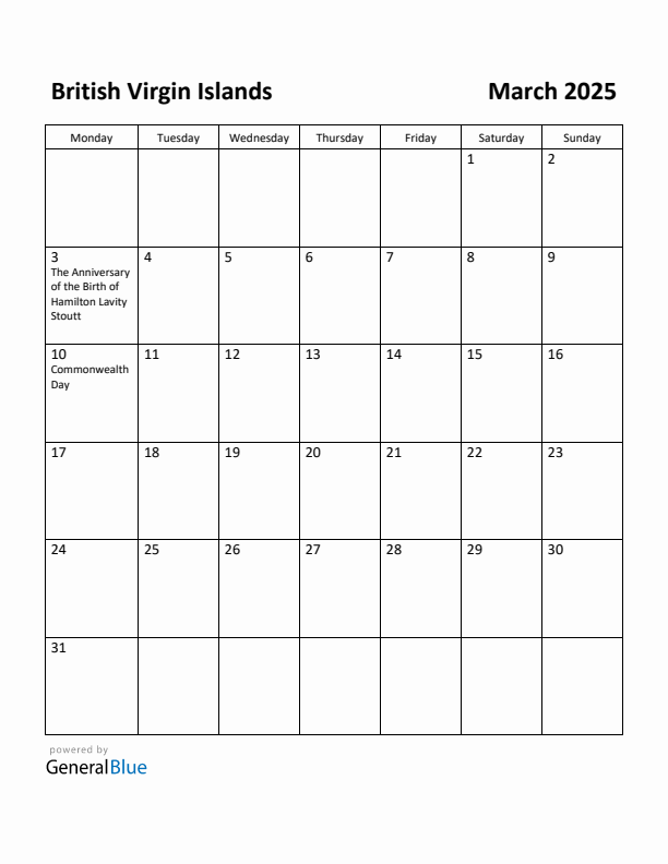 March 2025 Calendar with British Virgin Islands Holidays