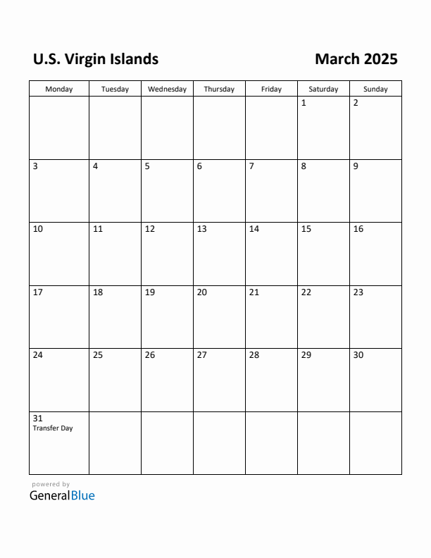 March 2025 Calendar with U.S. Virgin Islands Holidays