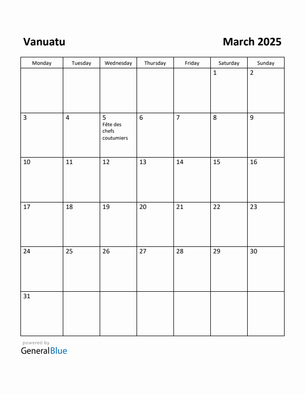March 2025 Calendar with Vanuatu Holidays