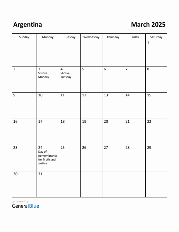 March 2025 Calendar with Argentina Holidays