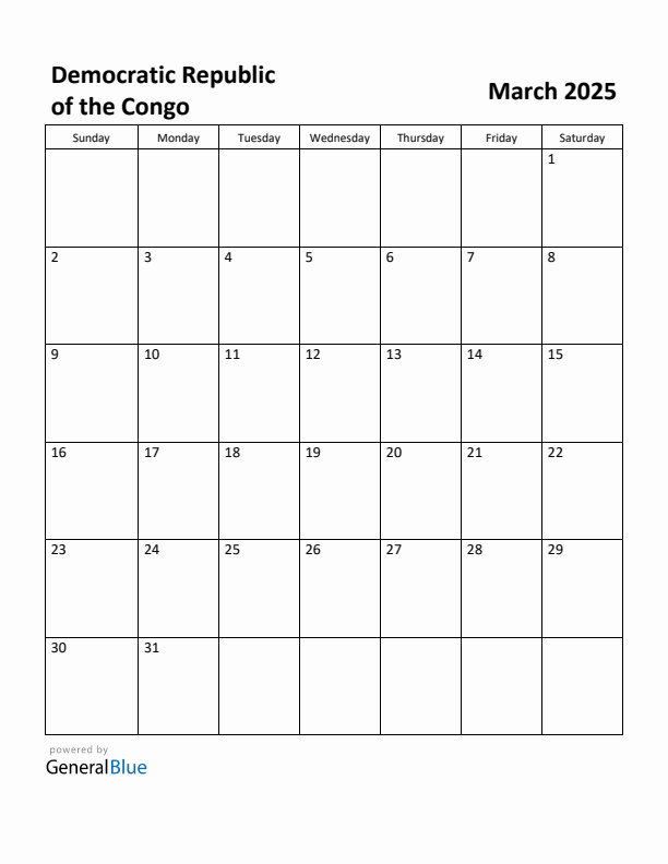 March 2025 Calendar with Democratic Republic of the Congo Holidays