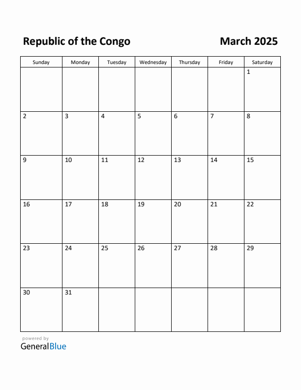March 2025 Calendar with Republic of the Congo Holidays