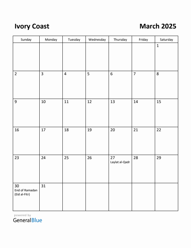 March 2025 Calendar with Ivory Coast Holidays