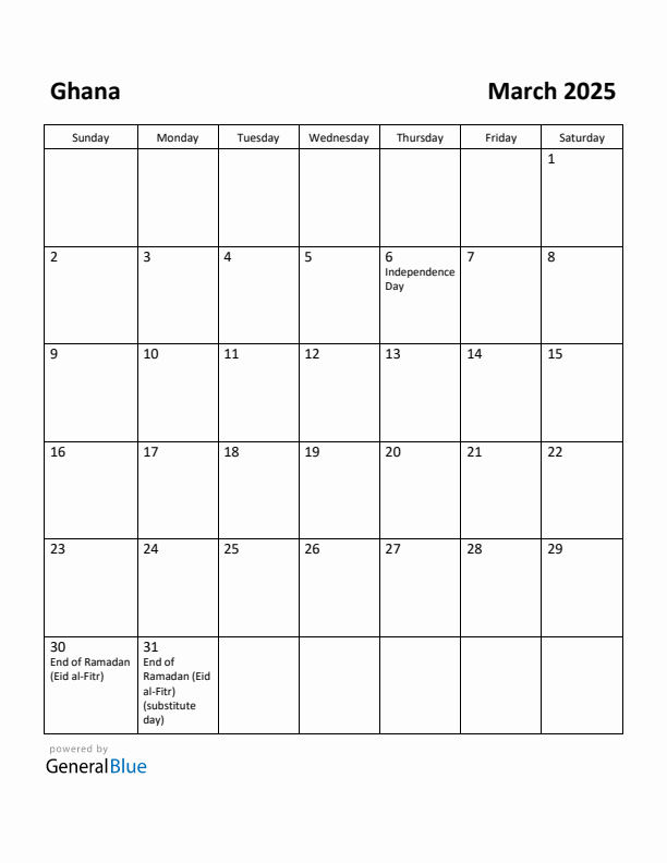 March 2025 Calendar with Ghana Holidays