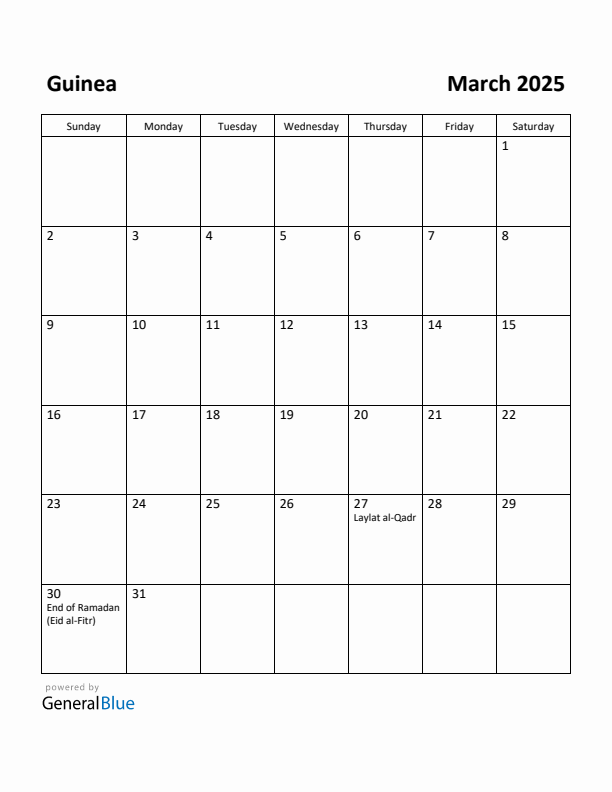 March 2025 Calendar with Guinea Holidays