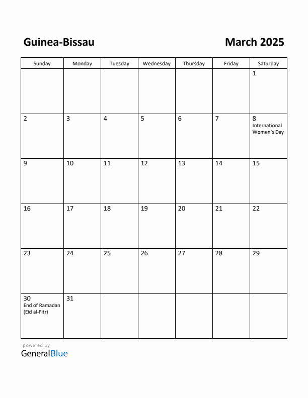March 2025 Calendar with Guinea-Bissau Holidays