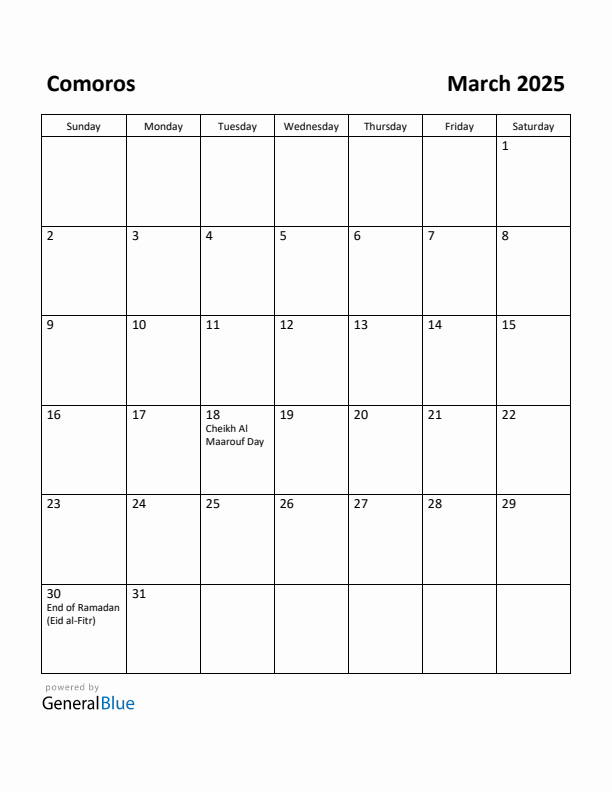 March 2025 Calendar with Comoros Holidays