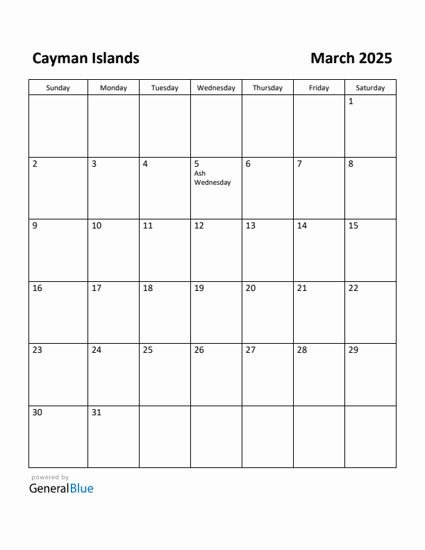 March 2025 Calendar with Cayman Islands Holidays