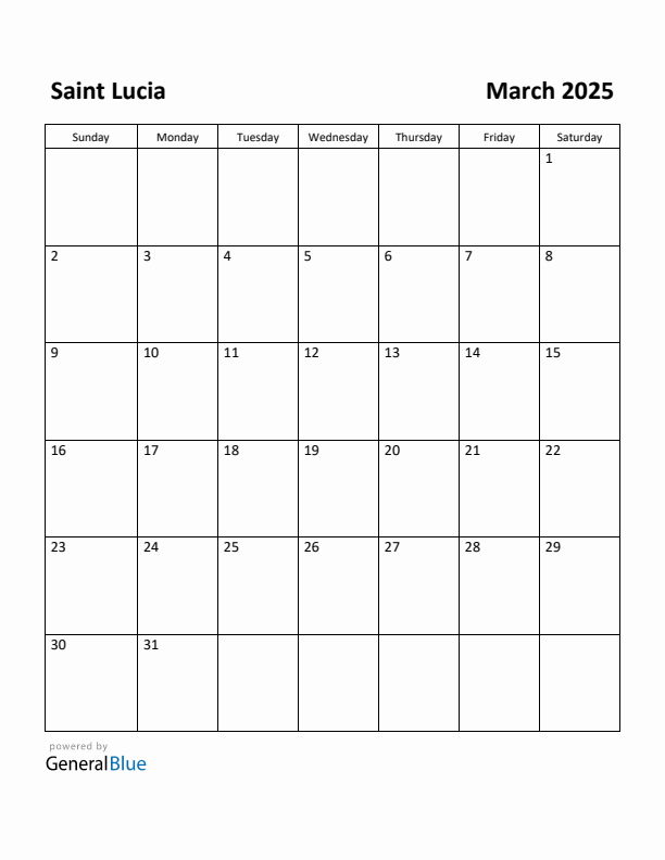 March 2025 Calendar with Saint Lucia Holidays