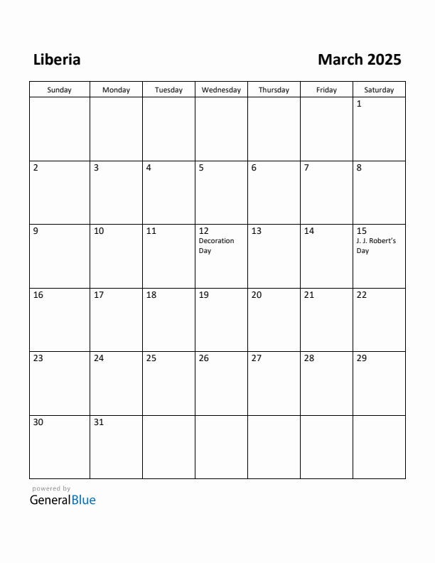 March 2025 Calendar with Liberia Holidays