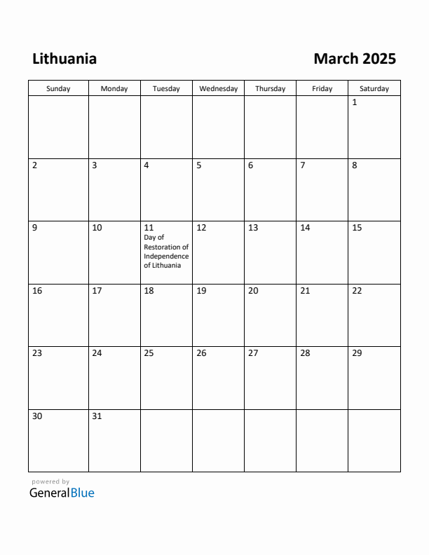March 2025 Calendar with Lithuania Holidays
