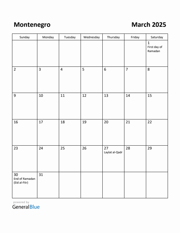 March 2025 Calendar with Montenegro Holidays