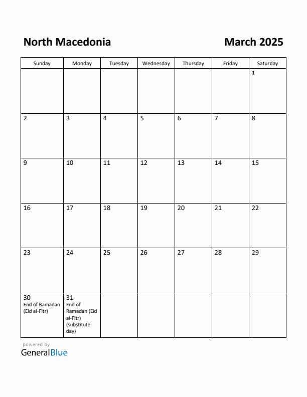 March 2025 Calendar with North Macedonia Holidays