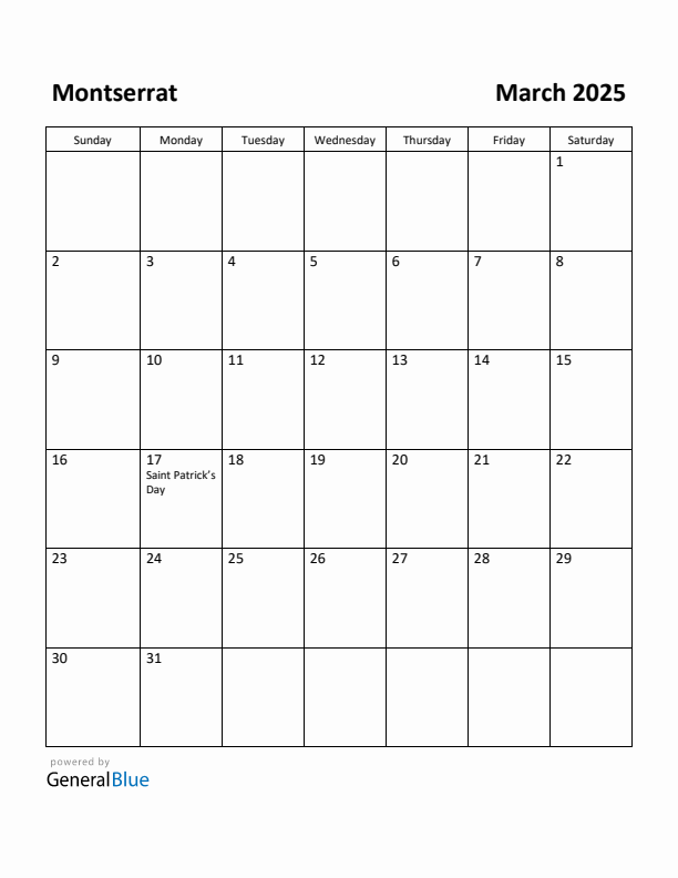 March 2025 Calendar with Montserrat Holidays