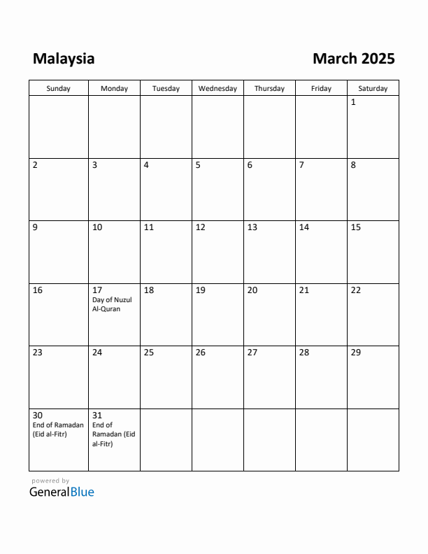 March 2025 Calendar with Malaysia Holidays
