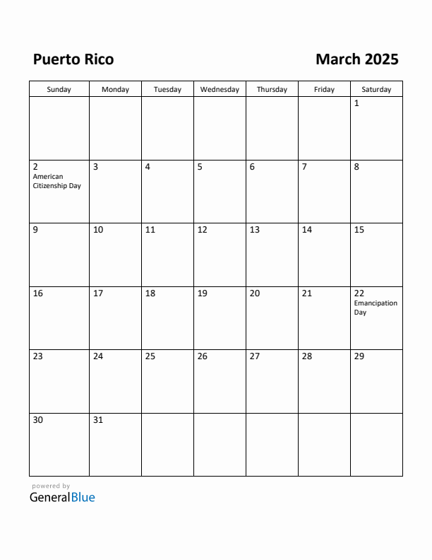 March 2025 Calendar with Puerto Rico Holidays