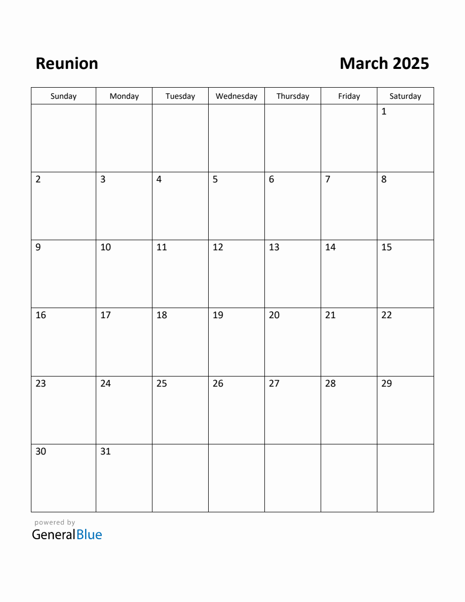 Free Printable March 2025 Calendar for Reunion
