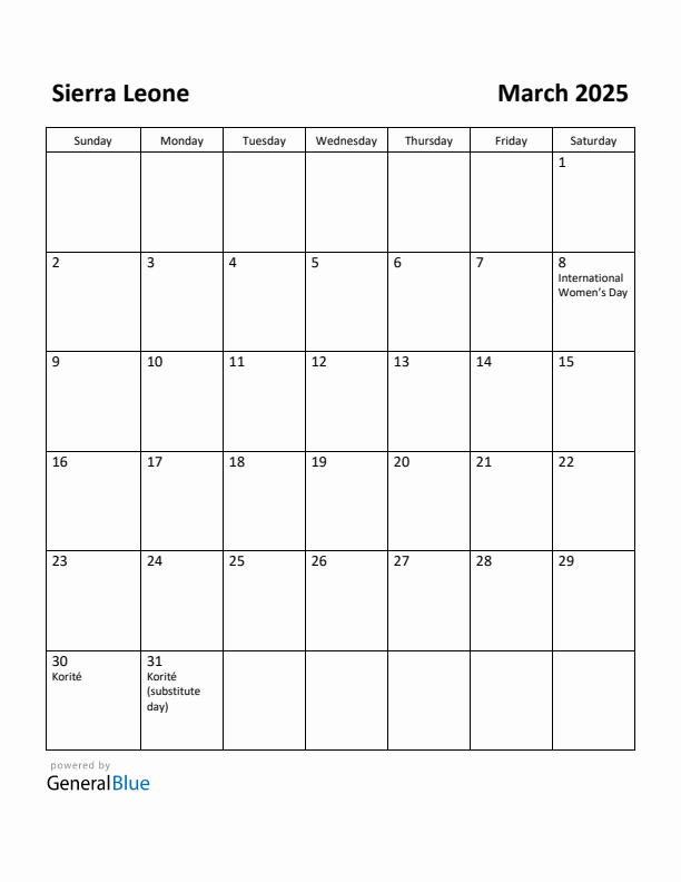 March 2025 Calendar with Sierra Leone Holidays